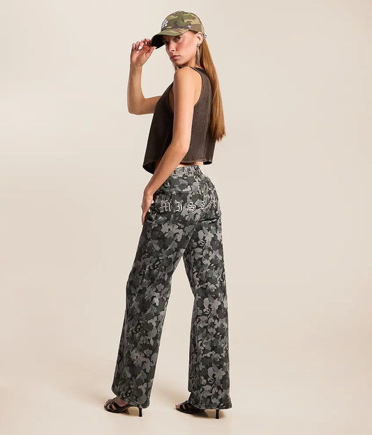 Floral Mid-Rise Wide Leg Stretch Jean